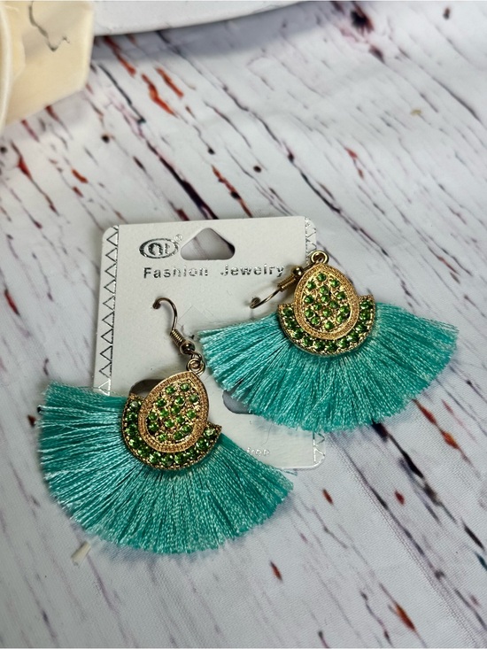 Jewelry - Turquoise Fan Tassel Drop Earrings with Green Crystal Accents